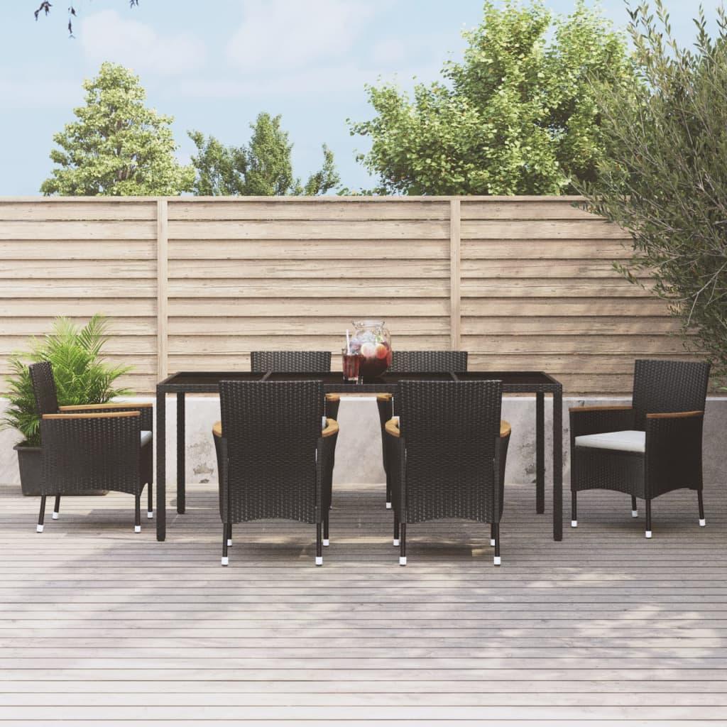 7 Piece Garden Dining Set with Cushions Black Poly Rattan