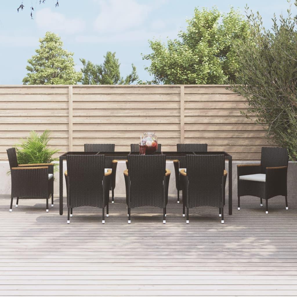 9 Piece Garden Dining Set with Cushions Black Poly Rattan