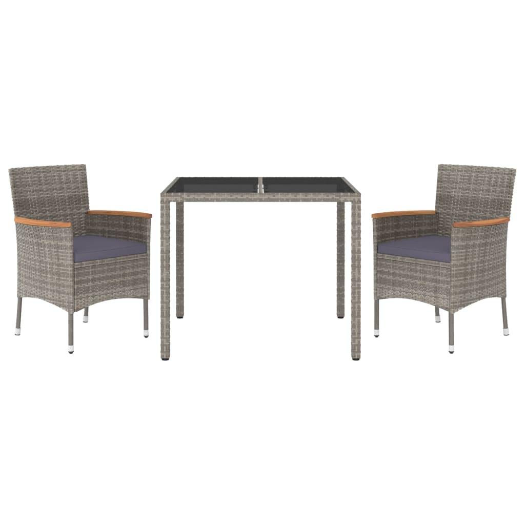 3 Piece Garden Dining Set with Cushions Grey Poly Rattan