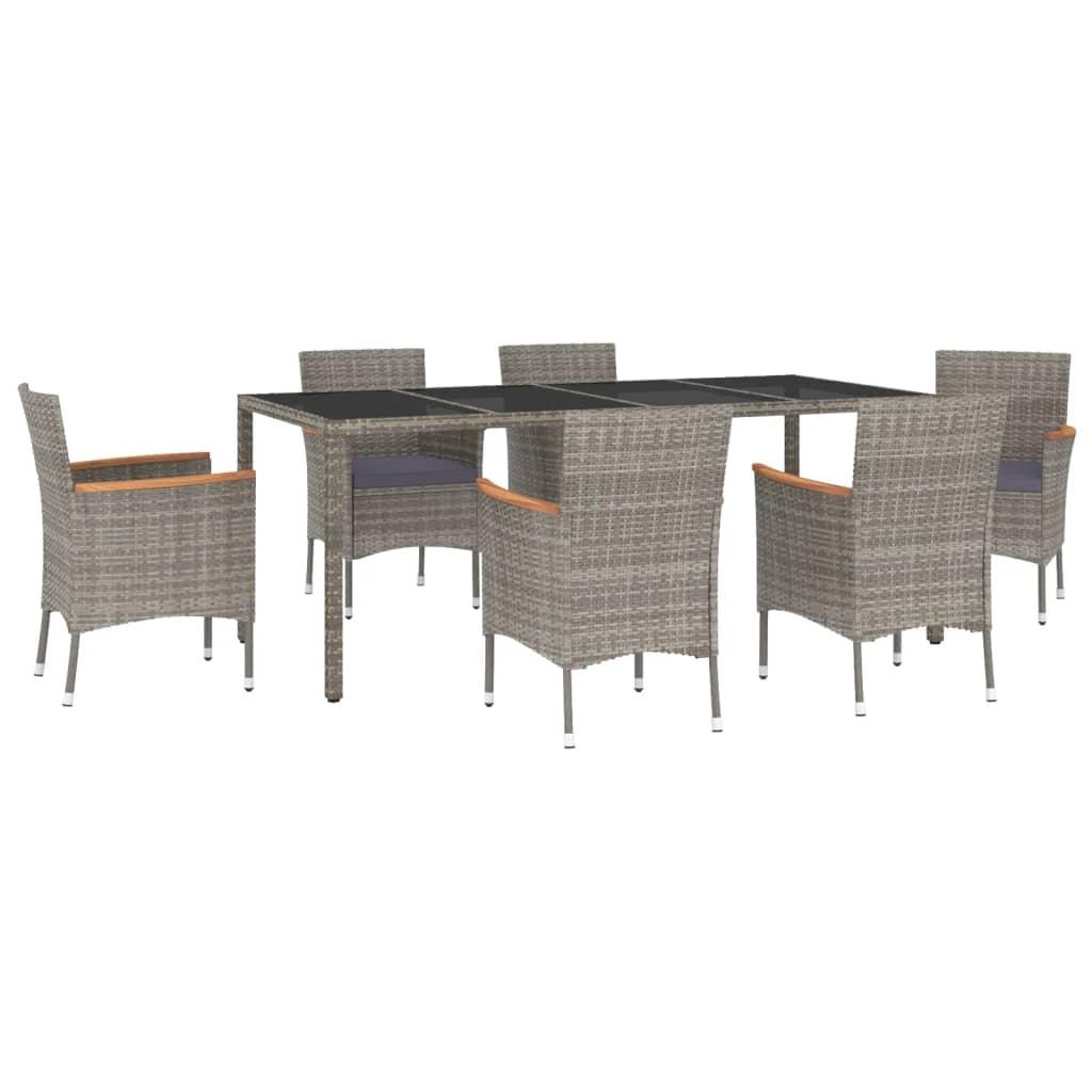 7 Piece Garden Dining Set with Cushions Grey Poly Rattan