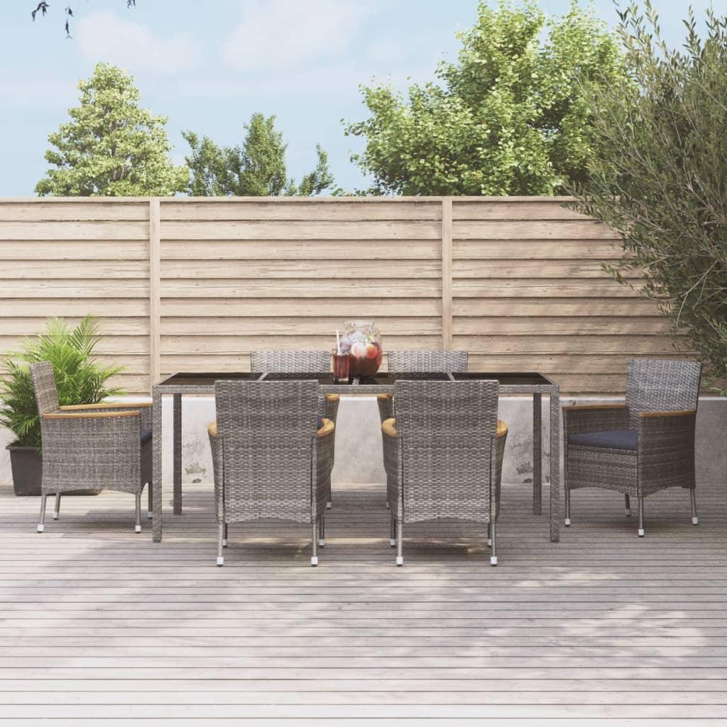 7 Piece Garden Dining Set with Cushions Grey Poly Rattan