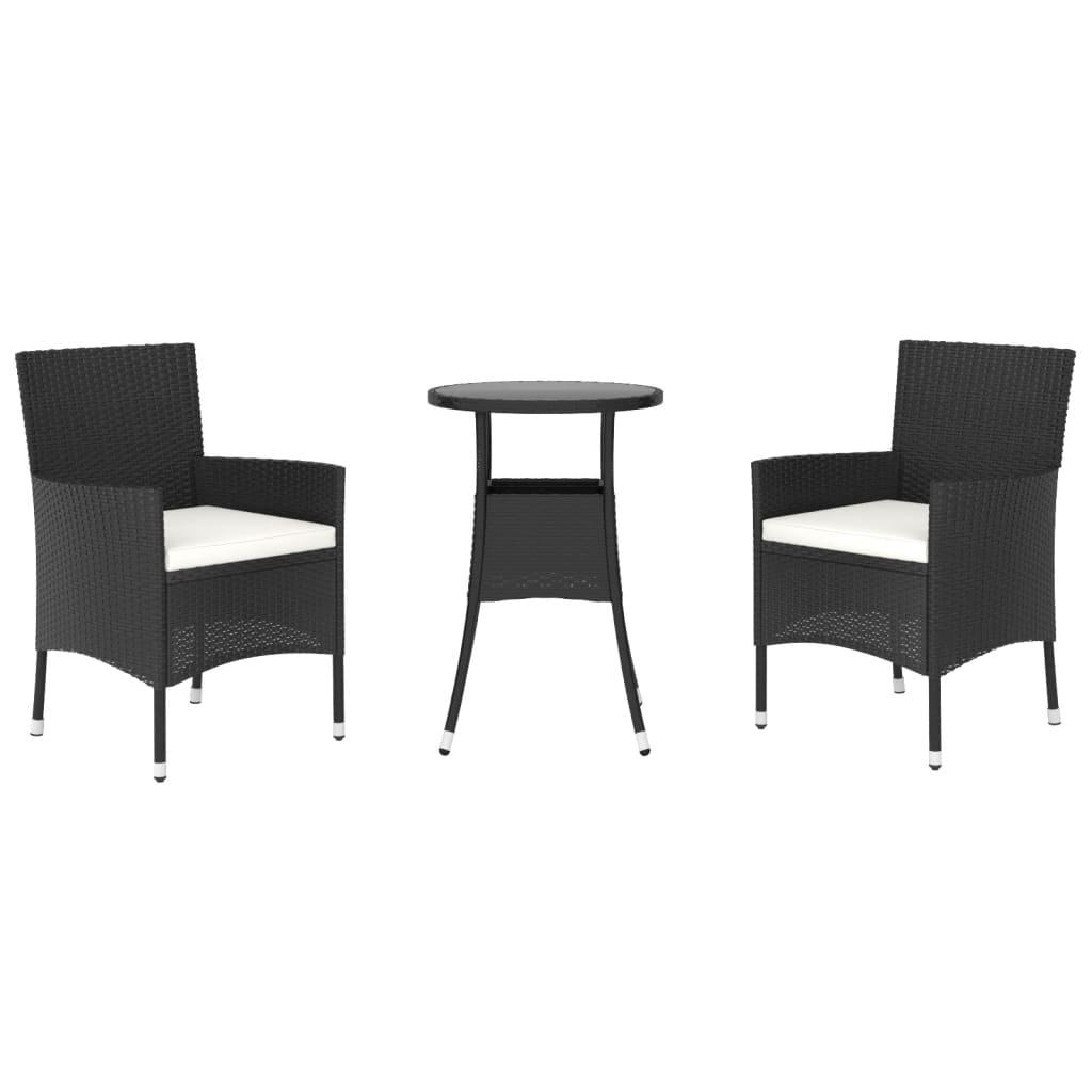 3 Piece Garden Bistro Set with Cushions Black Poly Rattan