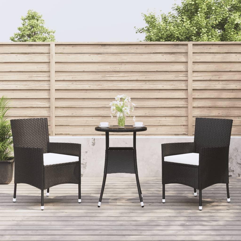 3 Piece Garden Bistro Set with Cushions Black Poly Rattan