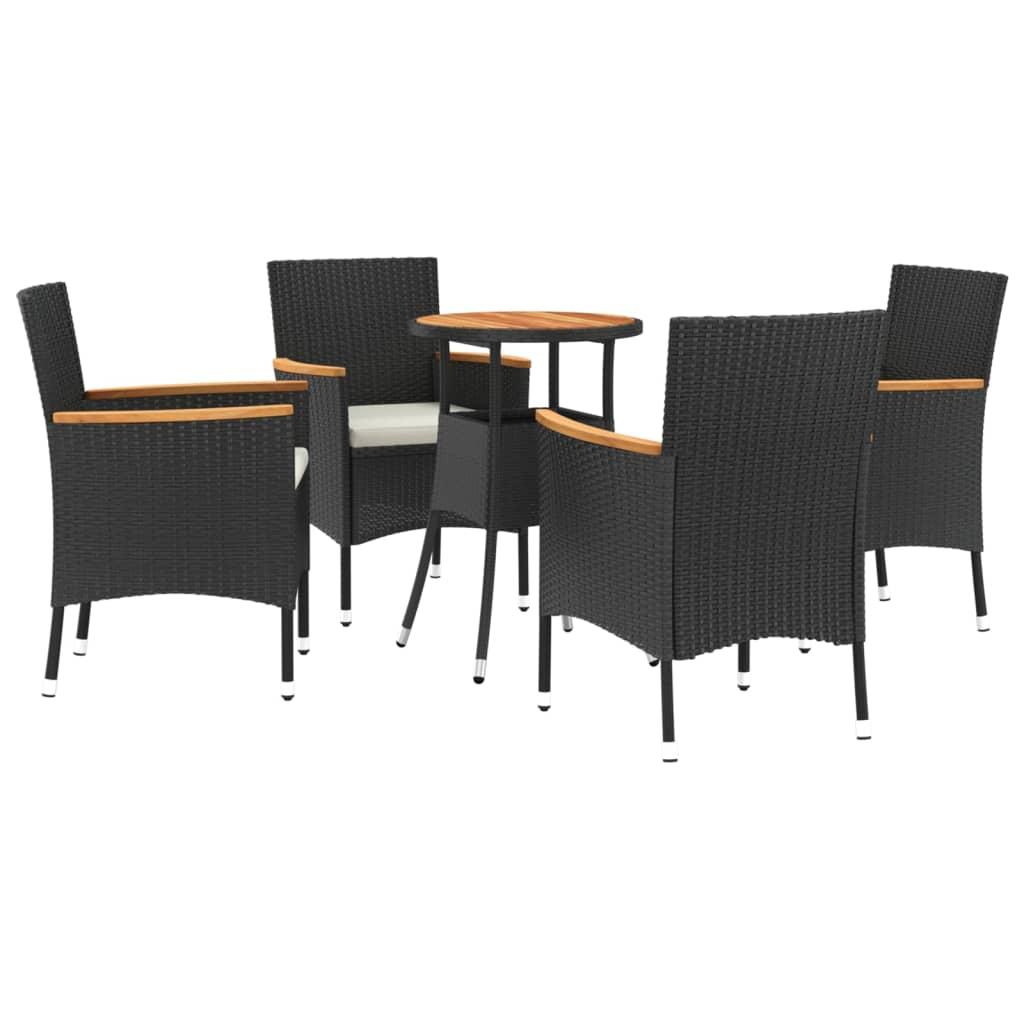 5 Piece Garden Bistro Set with Cushions Black Poly Rattan