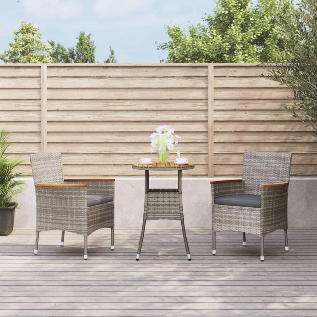 3 Piece Garden Bistro Set with Cushions Grey Poly Rattan