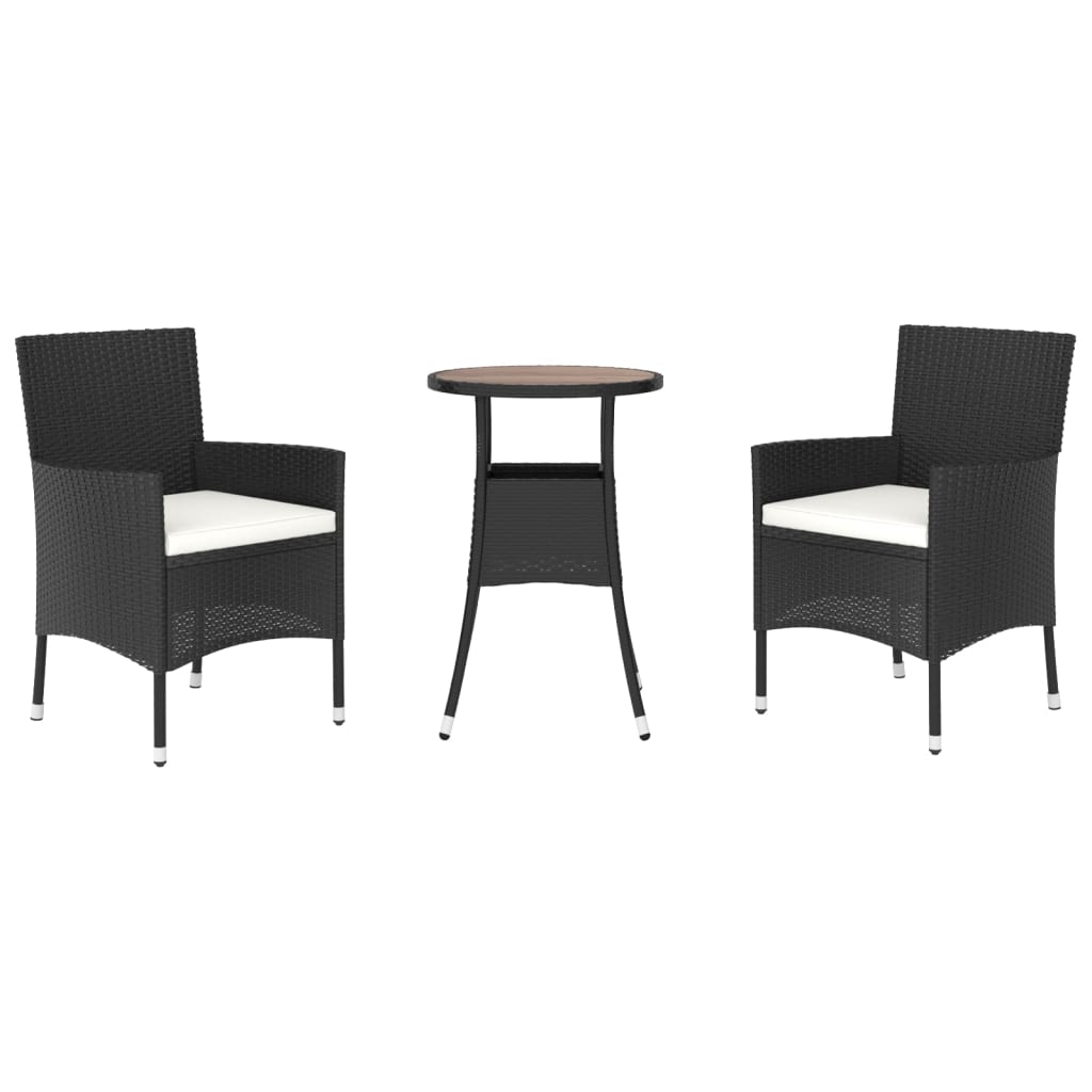 3 Piece Garden Bistro Set with Cushions Black Poly Rattan