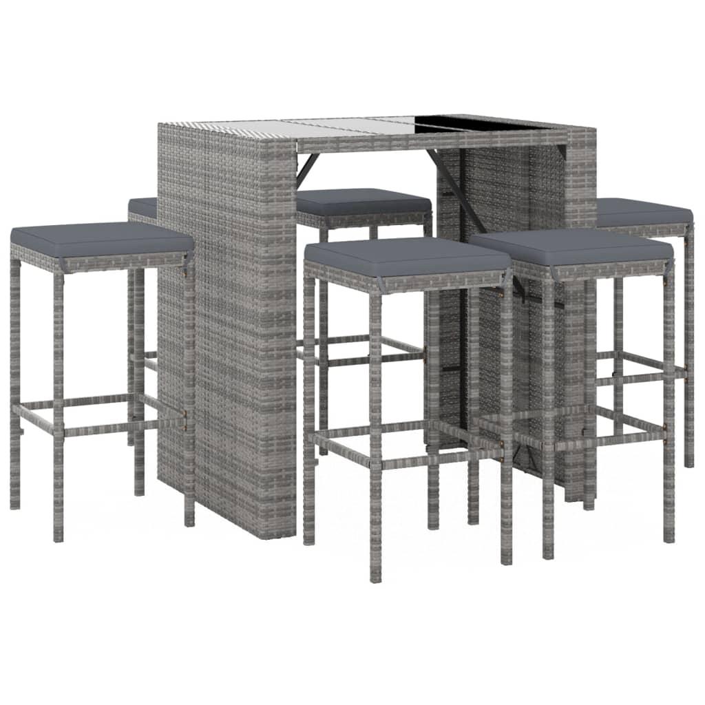 7 Piece Garden Bar Set with Cushions Grey Poly Rattan