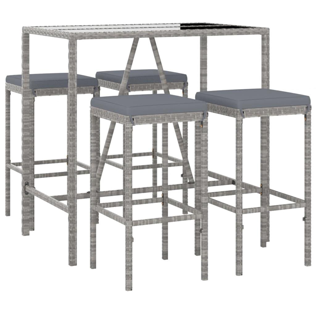 5 Piece Garden Bar Set with Cushions Grey Poly Rattan