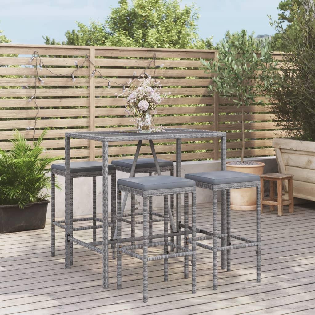 5 Piece Garden Bar Set with Cushions Grey Poly Rattan