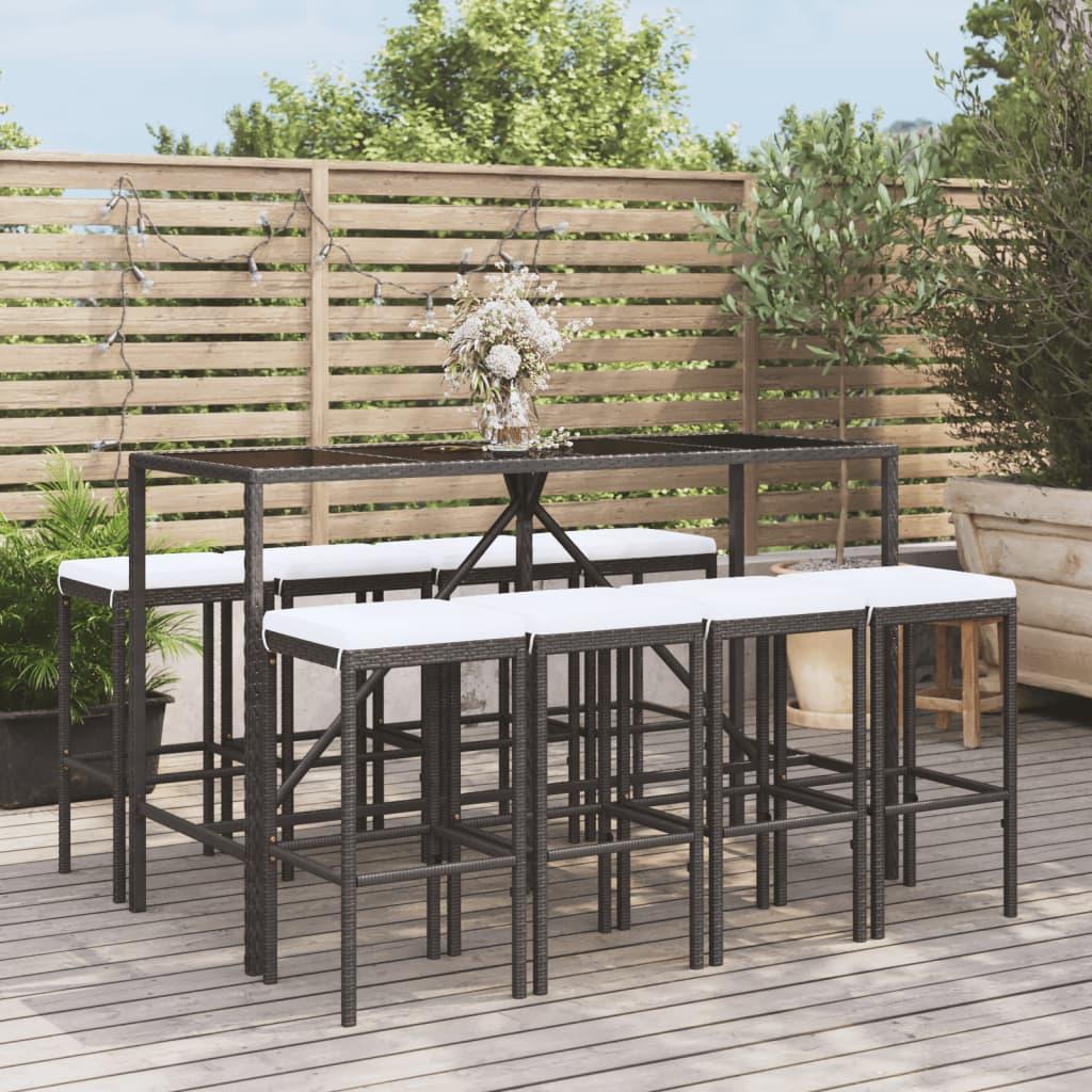 9 Piece Garden Bar Set with Cushions Black Poly Rattan