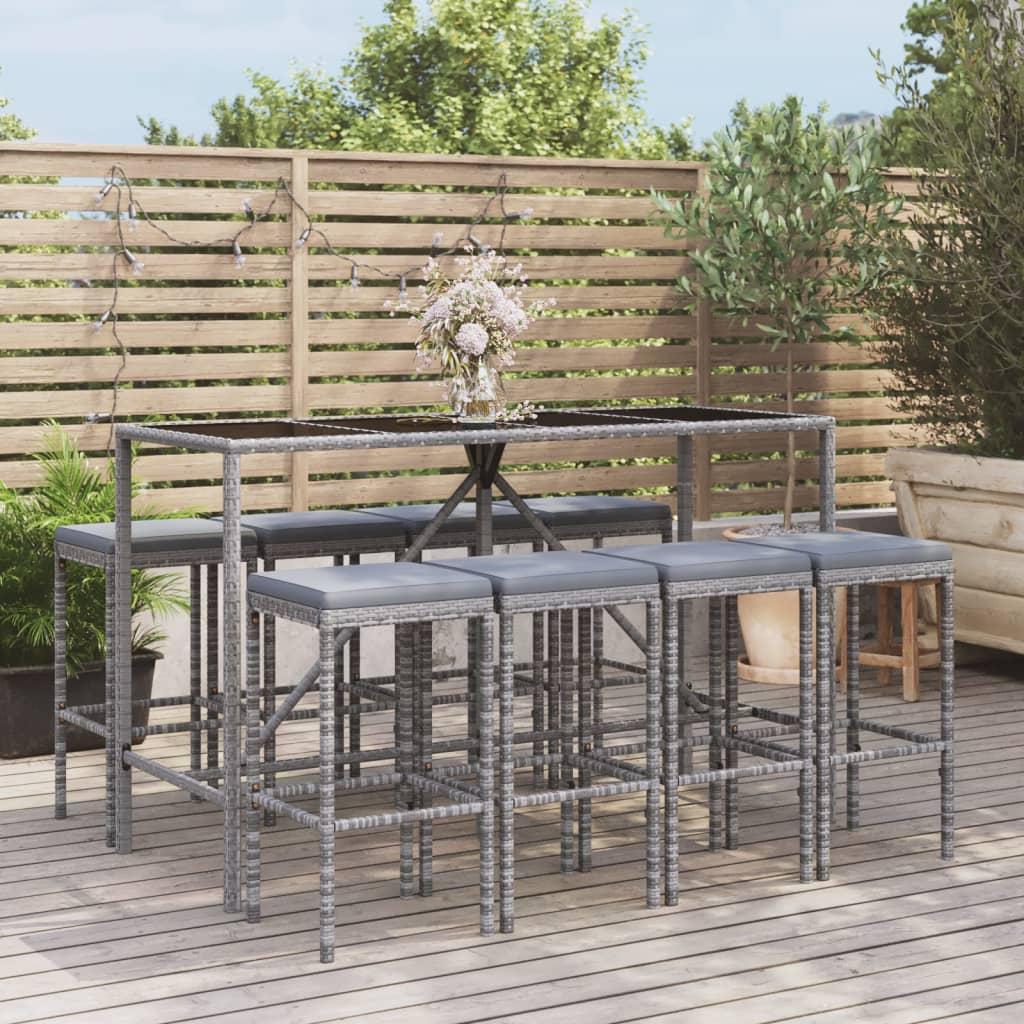 9 Piece Garden Bar Set with Cushions Grey Poly Rattan