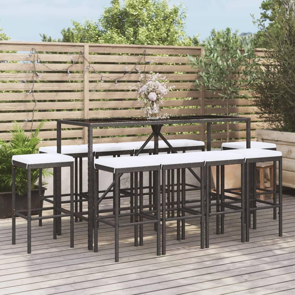 11 Piece Garden Bar Set with Cushions Black Poly Rattan