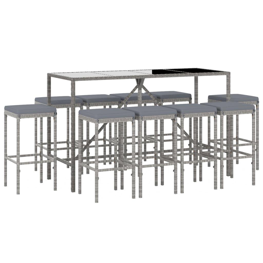 11 Piece Garden Bar Set with Cushions Grey Poly Rattan