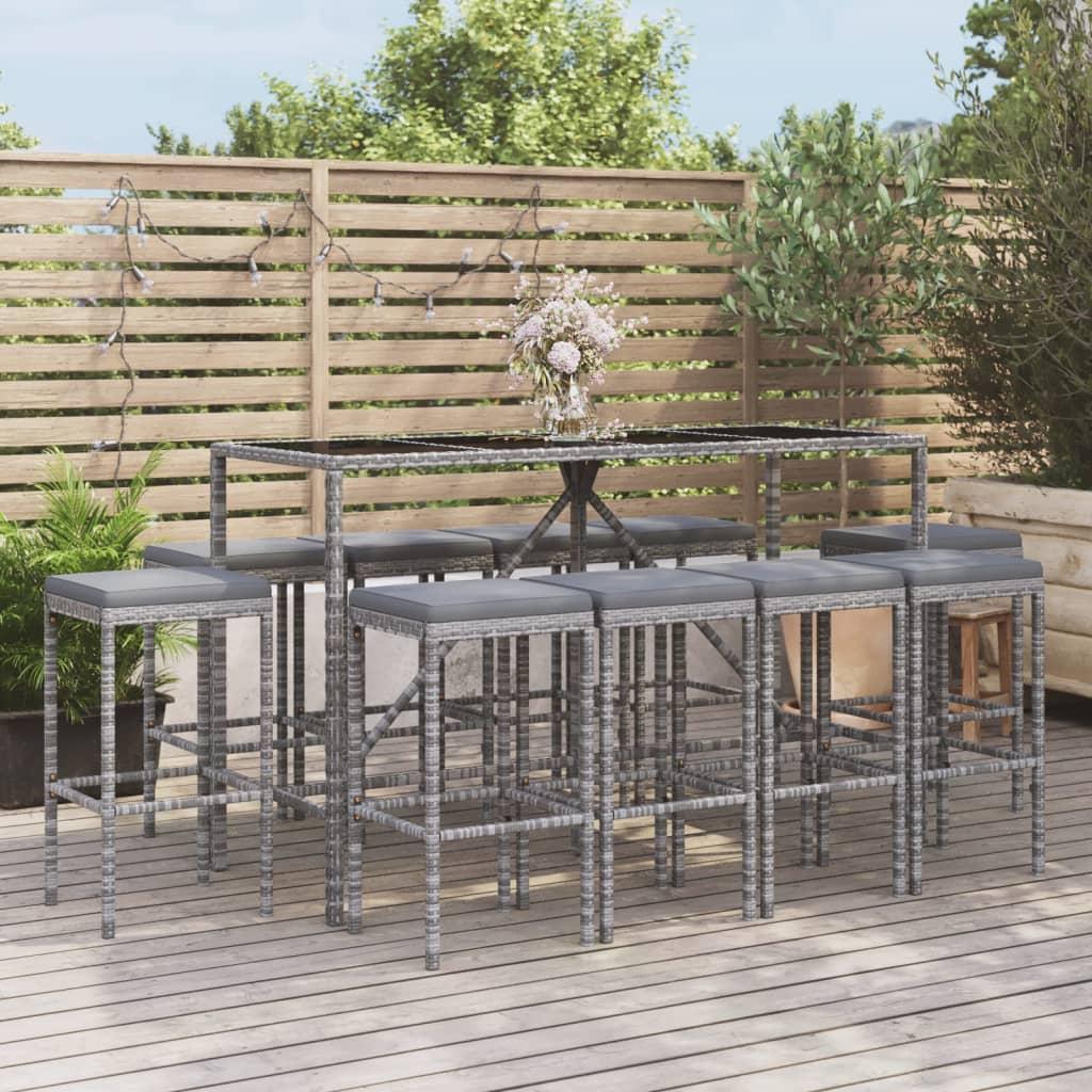 11 Piece Garden Bar Set with Cushions Grey Poly Rattan