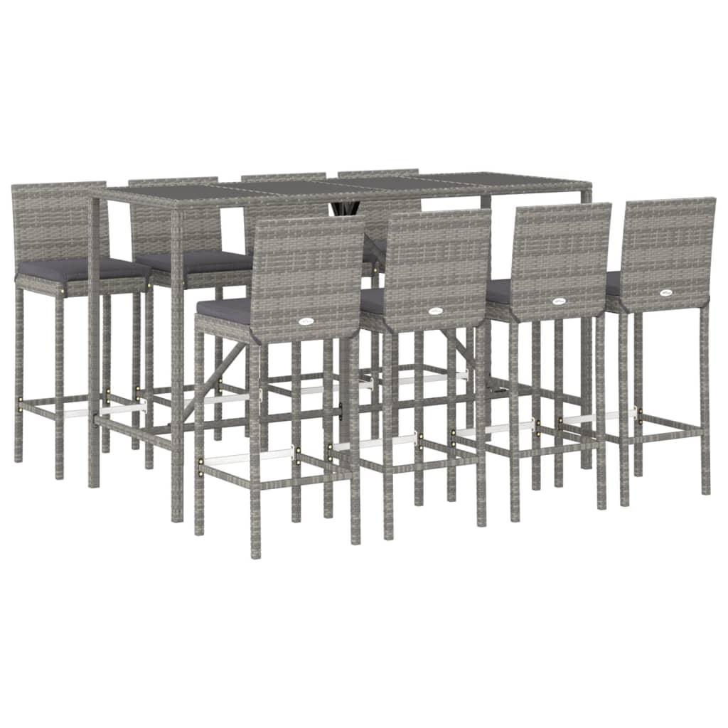 9 Piece Outdoor Bar Set with Cushions Grey Poly Rattan