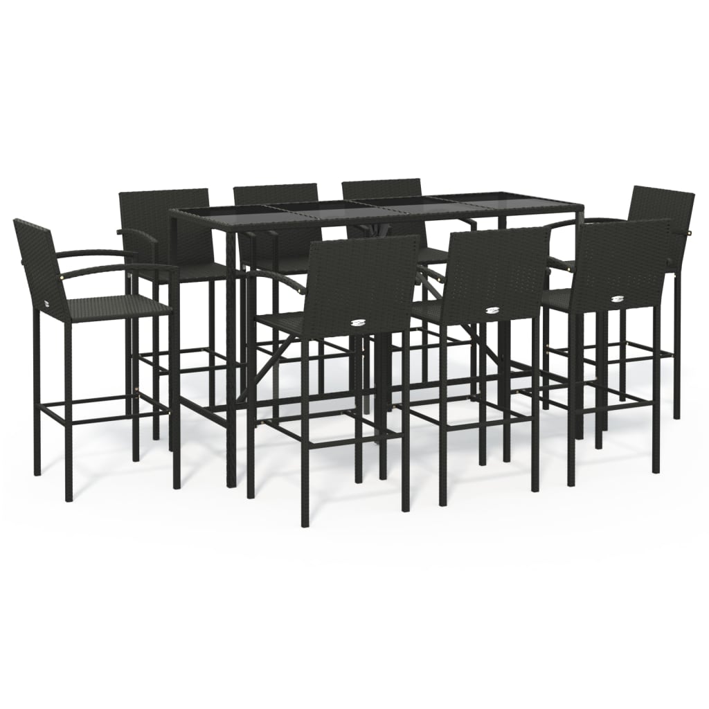 9 Piece Garden Bar Set Black Poly Rattan