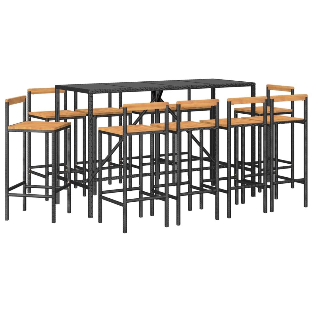 11 Piece Garden Bar Set Black Poly Rattan& Solid Wood Acacia