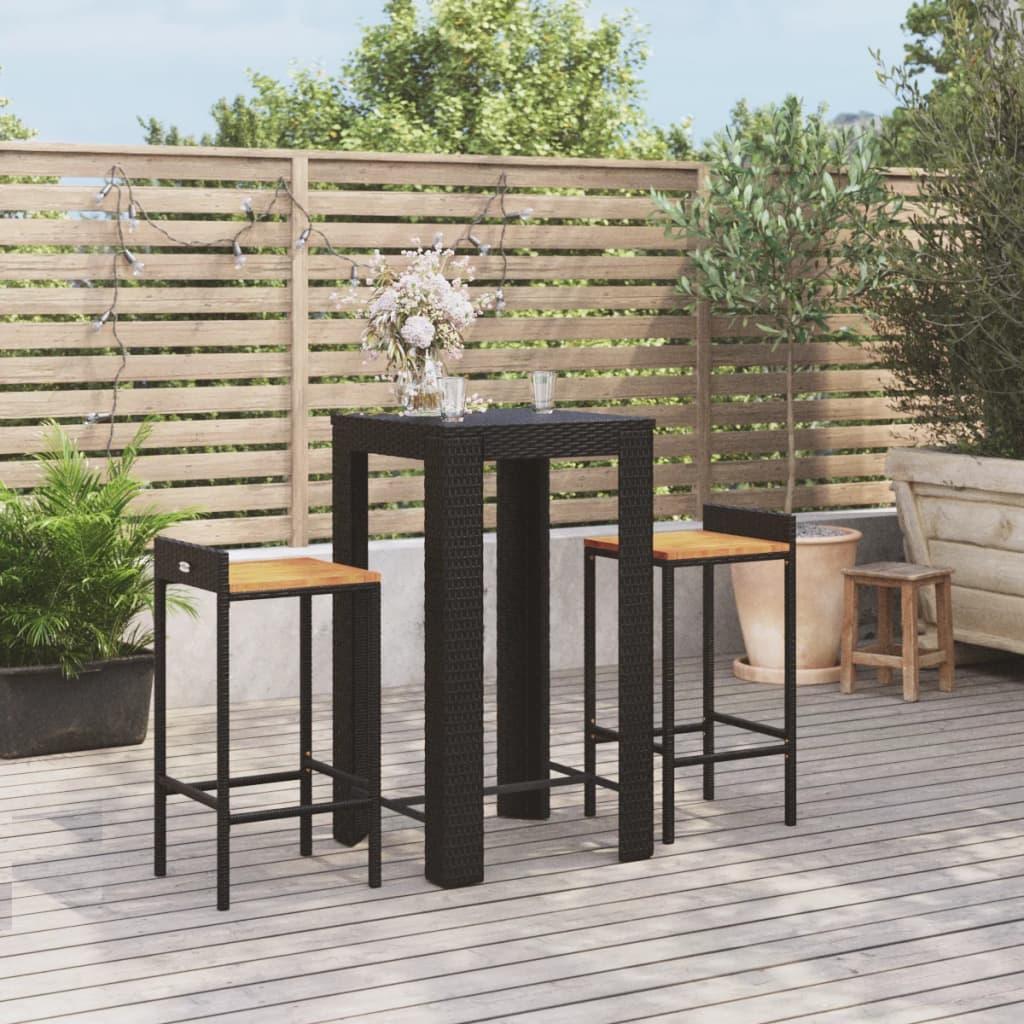 3 Piece Garden Bar Set Black Poly Rattan&amp;Solid Wood Acacia