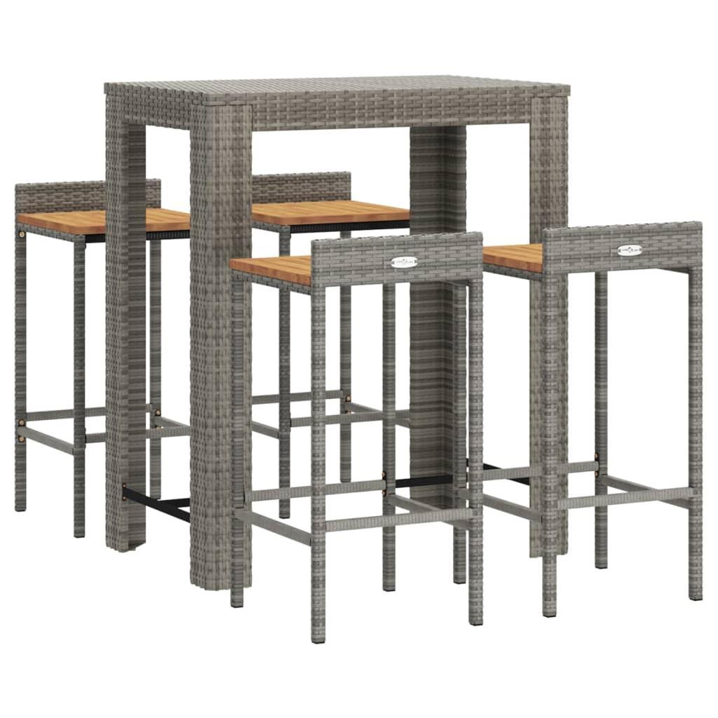 5 Piece Garden Bar Set Grey Poly Rattan&Solid Wood Acacia