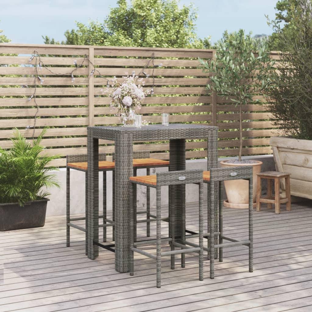 5 Piece Garden Bar Set Grey Poly Rattan&amp;Solid Wood Acacia