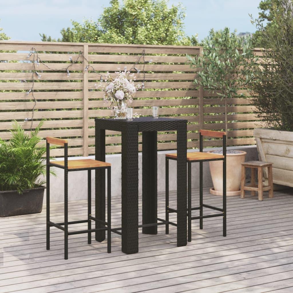 3 Piece Garden Bar Set Black Poly Rattan&amp;Solid Wood Acacia