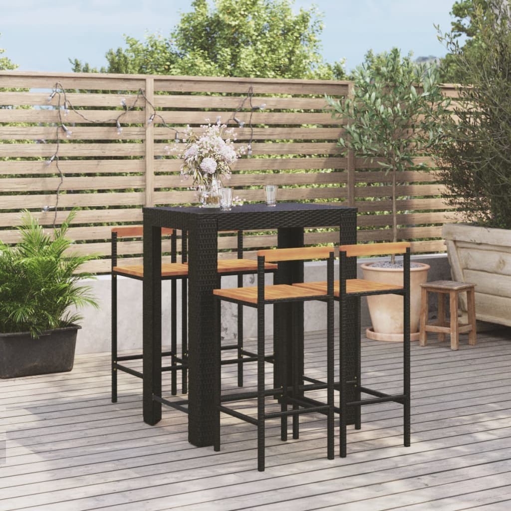 5 Piece Garden Bar Set Black Poly Rattan&amp;Solid Wood Acacia