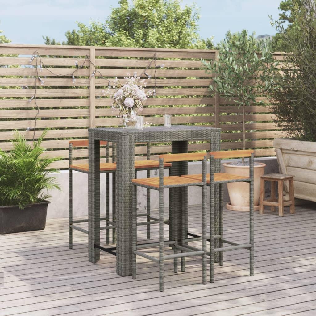 5 Piece Garden Bar Set Grey Poly Rattan&amp;Solid Wood Acacia