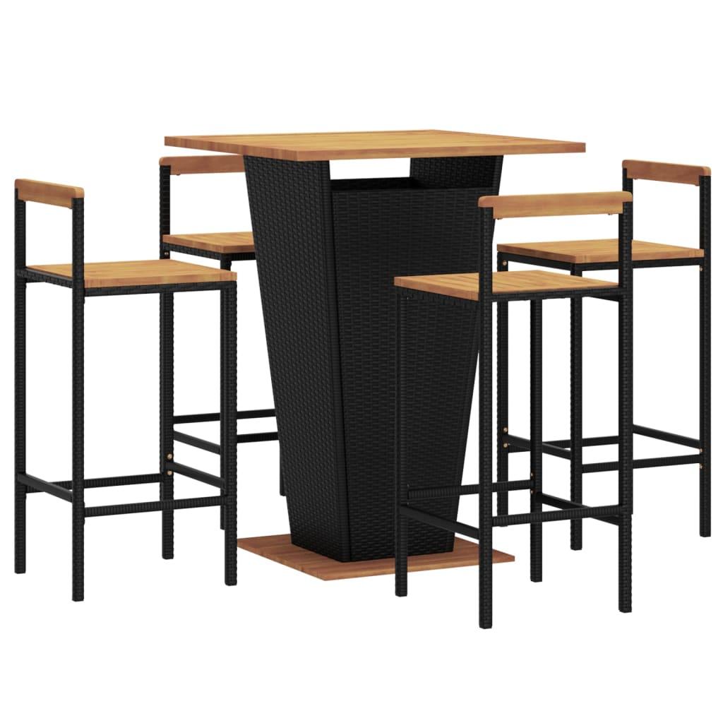 5 Piece Garden Bar Set Black Poly Rattan&Solid Wood Acacia