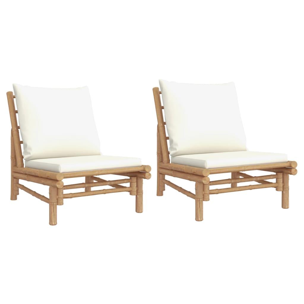 Garden Chairs 2 pcs with Cream White Cushions Bamboo