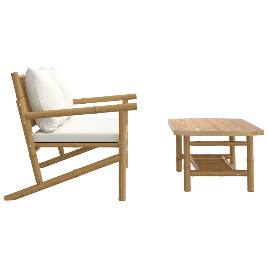 2 Piece Garden Lounge Set with Cream White Cushions Bamboo