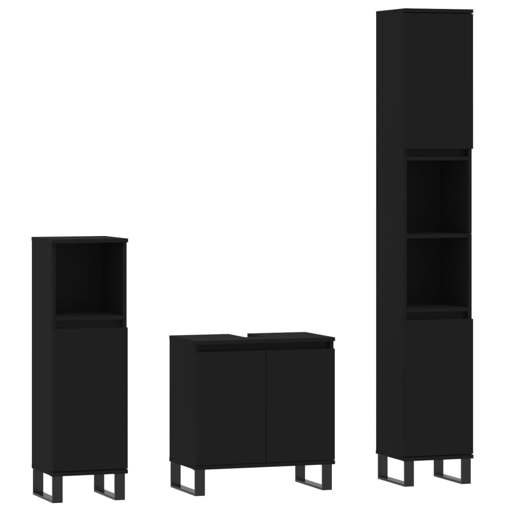 3 Piece Bathroom Cabinet Set Black Engineered Wood