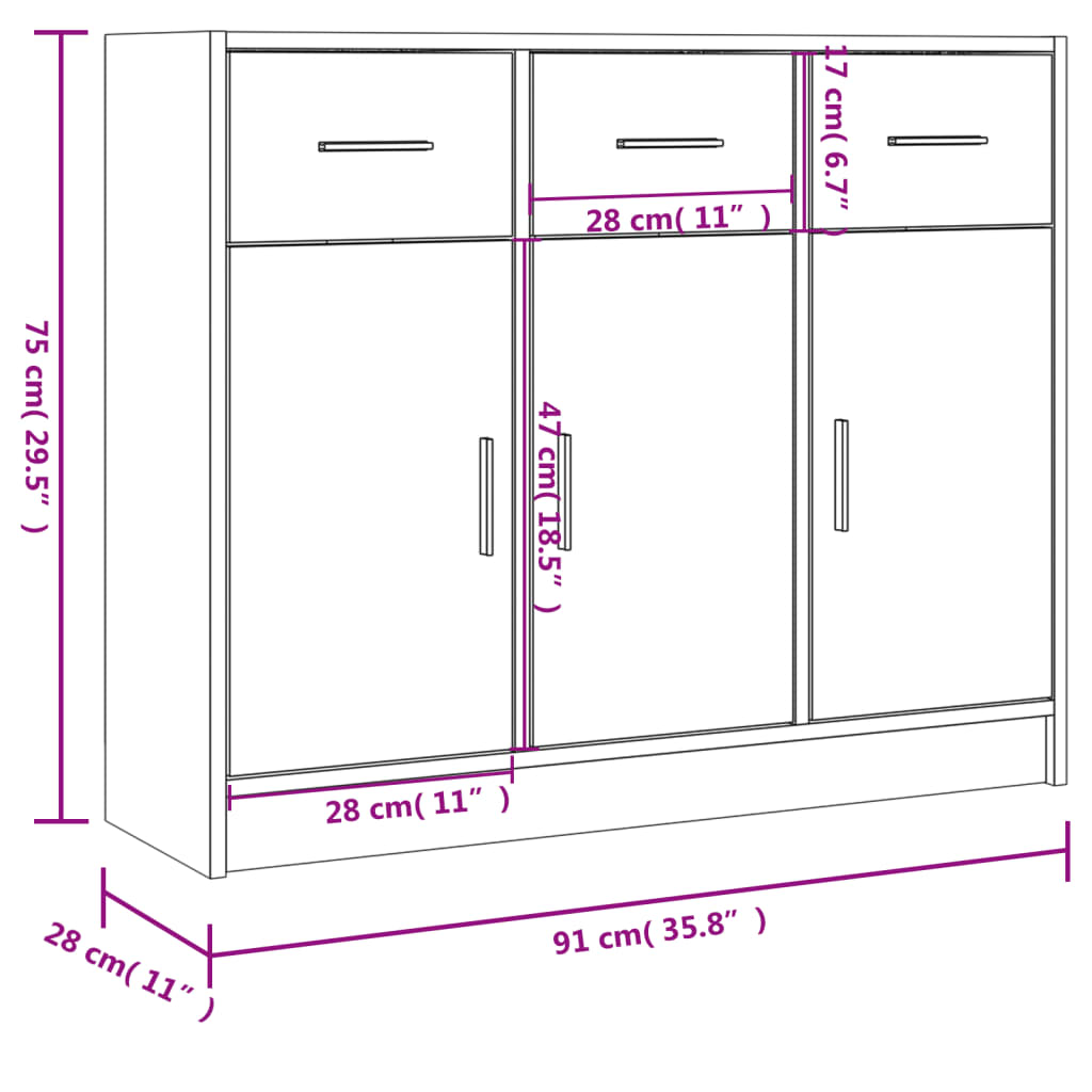 Sideboard White 91x28x75 cm Engineered Wood