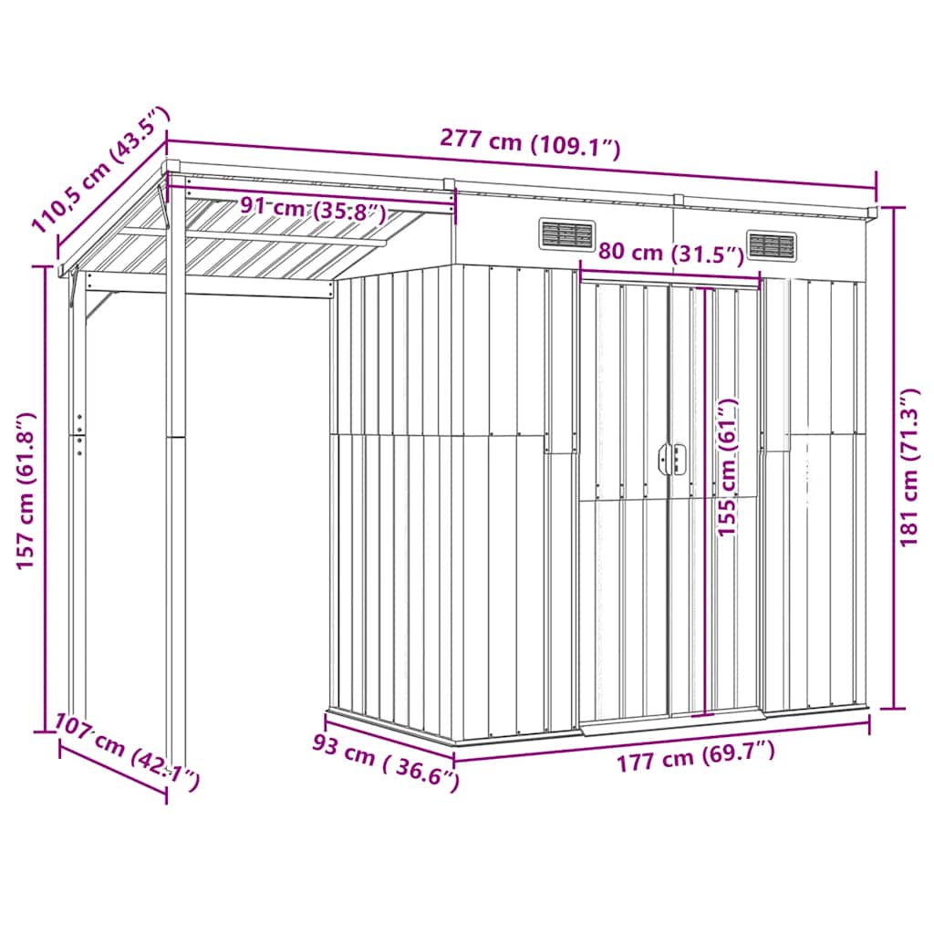 Garden Shed with Extended Roof Brown 277x107x181 cm Steel
