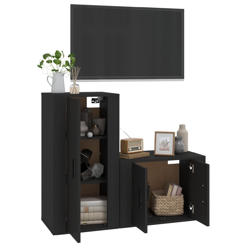 2 Piece TV Cabinet Set Black Engineered Wood