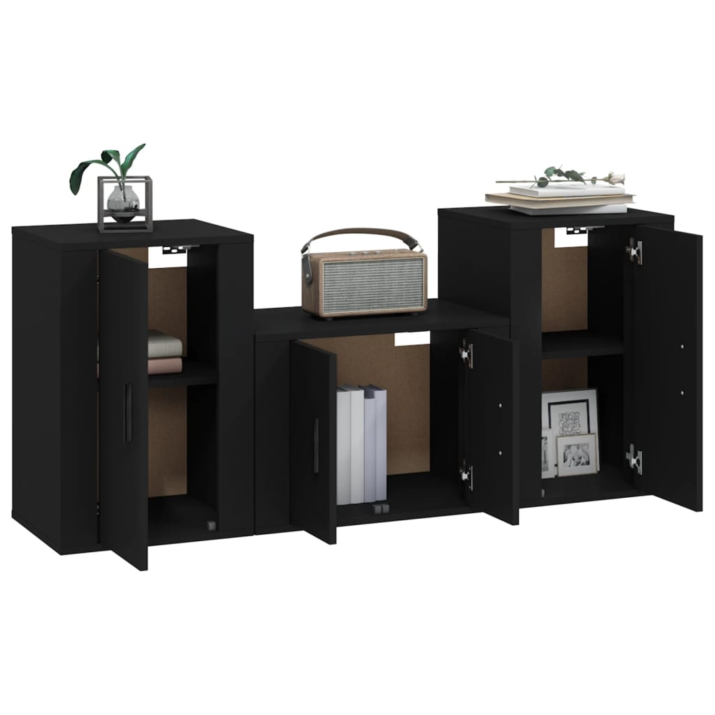 3 Piece TV Cabinet Set Black Engineered Wood