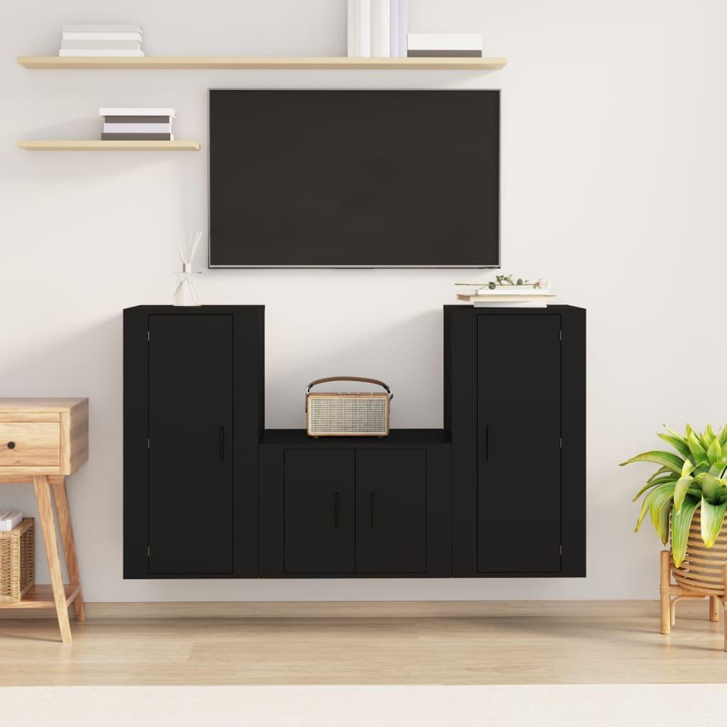 3 Piece TV Cabinet Set Black Engineered Wood