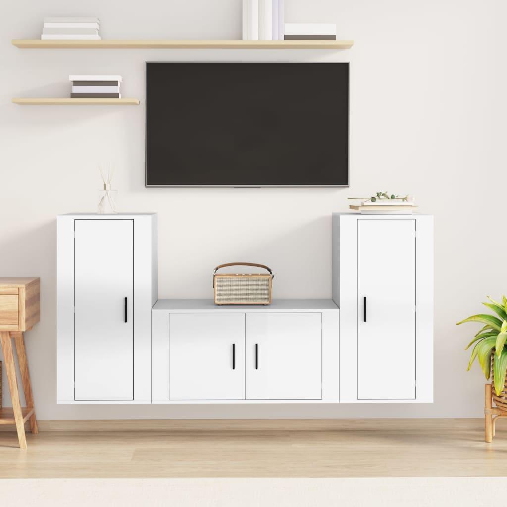 3 Piece TV Cabinet Set High Gloss White Engineered Wood