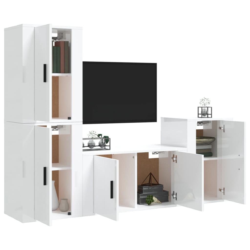 4 Piece TV Cabinet Set High Gloss White Engineered Wood