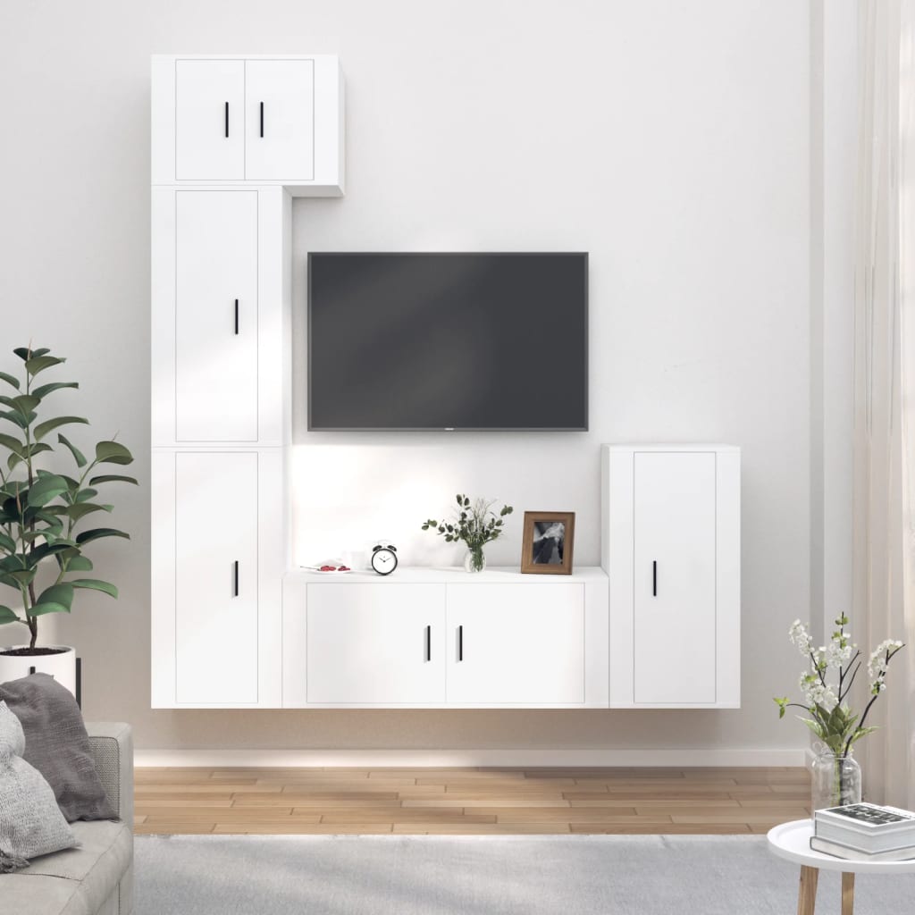 5 Piece TV Cabinet Set White Engineered Wood