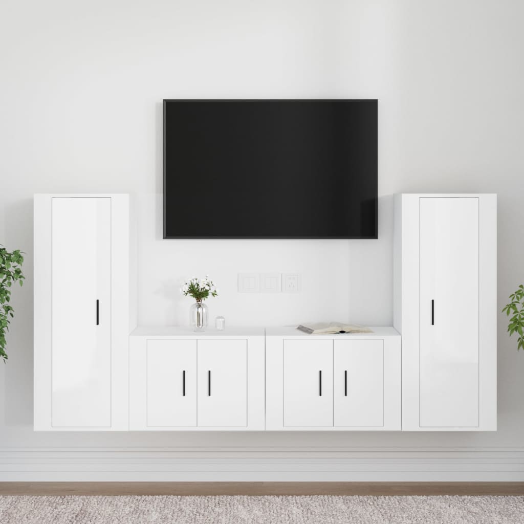 4 Piece TV Cabinet Set High Gloss White Engineered Wood