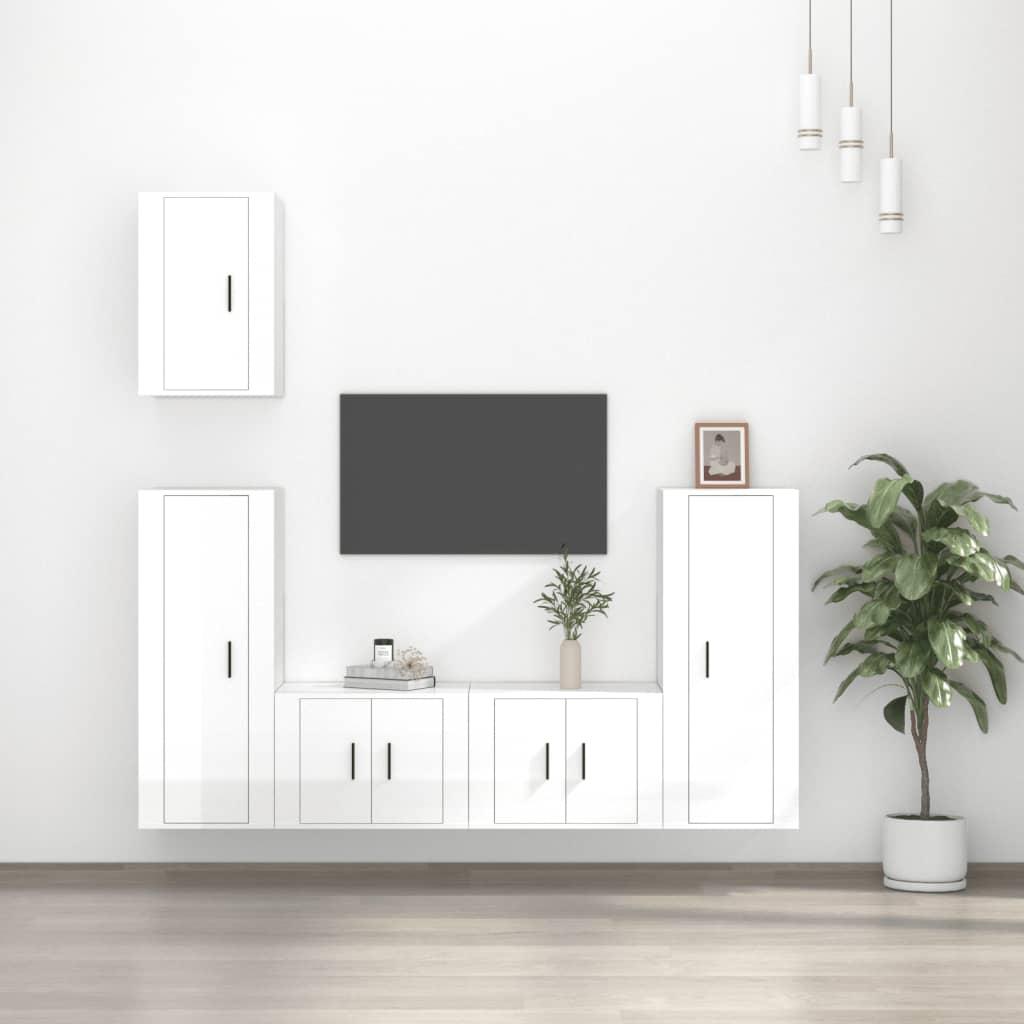 5 Piece TV Cabinet Set High Gloss White Engineered Wood