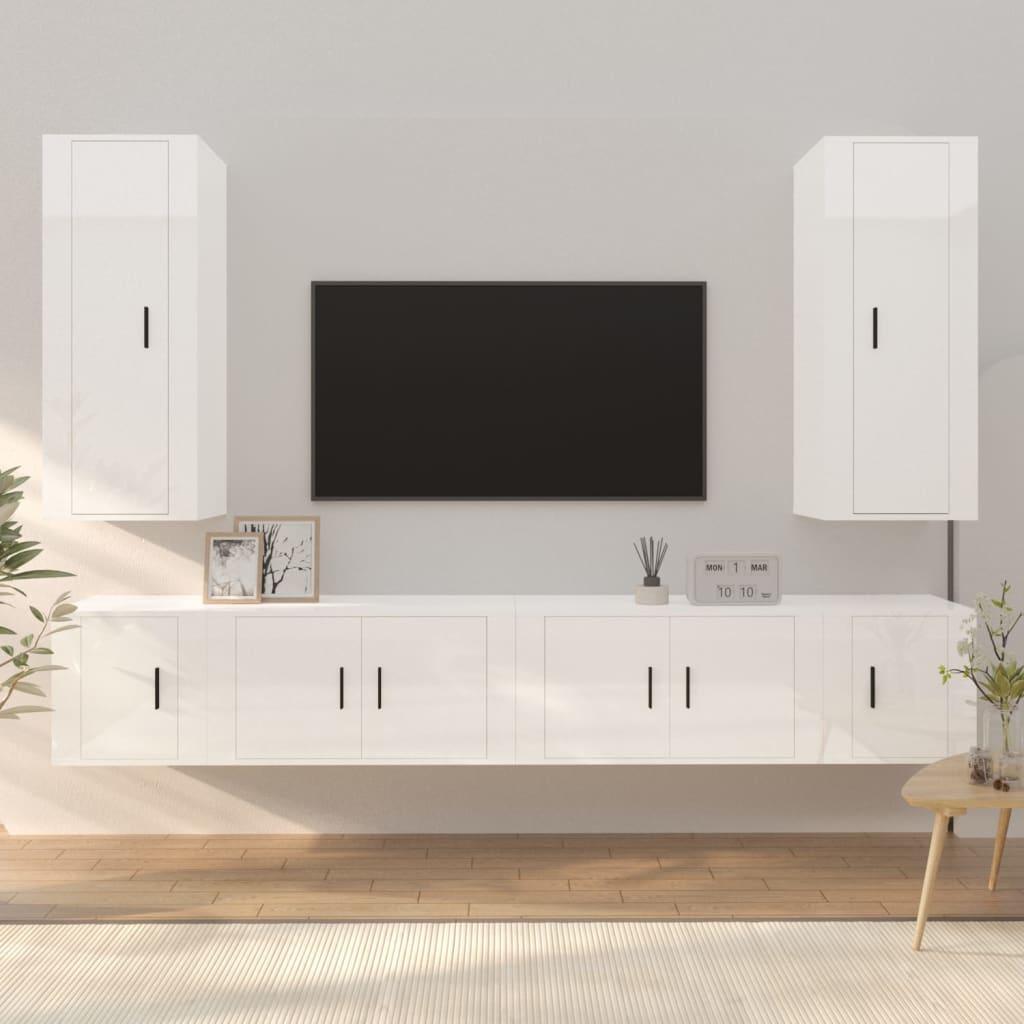 6 Piece TV Cabinet Set High Gloss White Engineered Wood