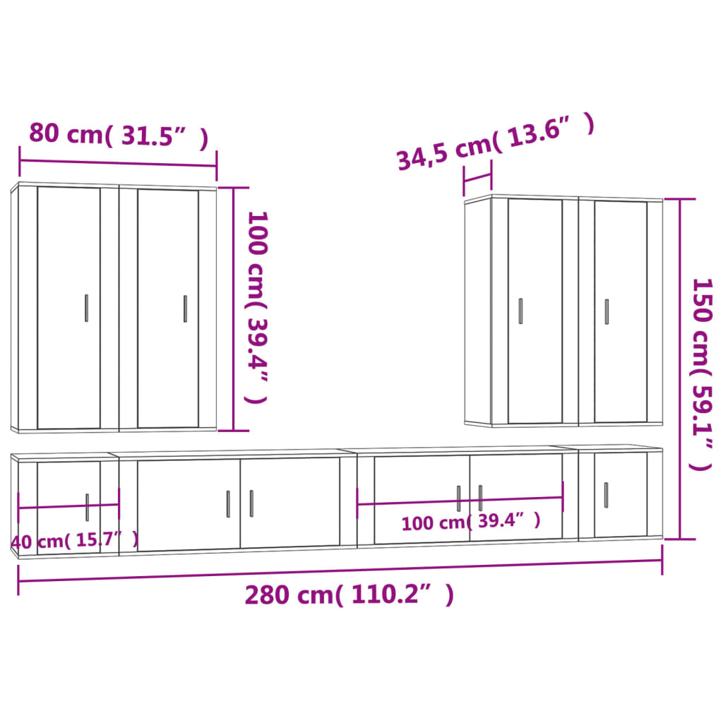 8 Piece TV Cabinet Set Smoked Oak Engineered Wood