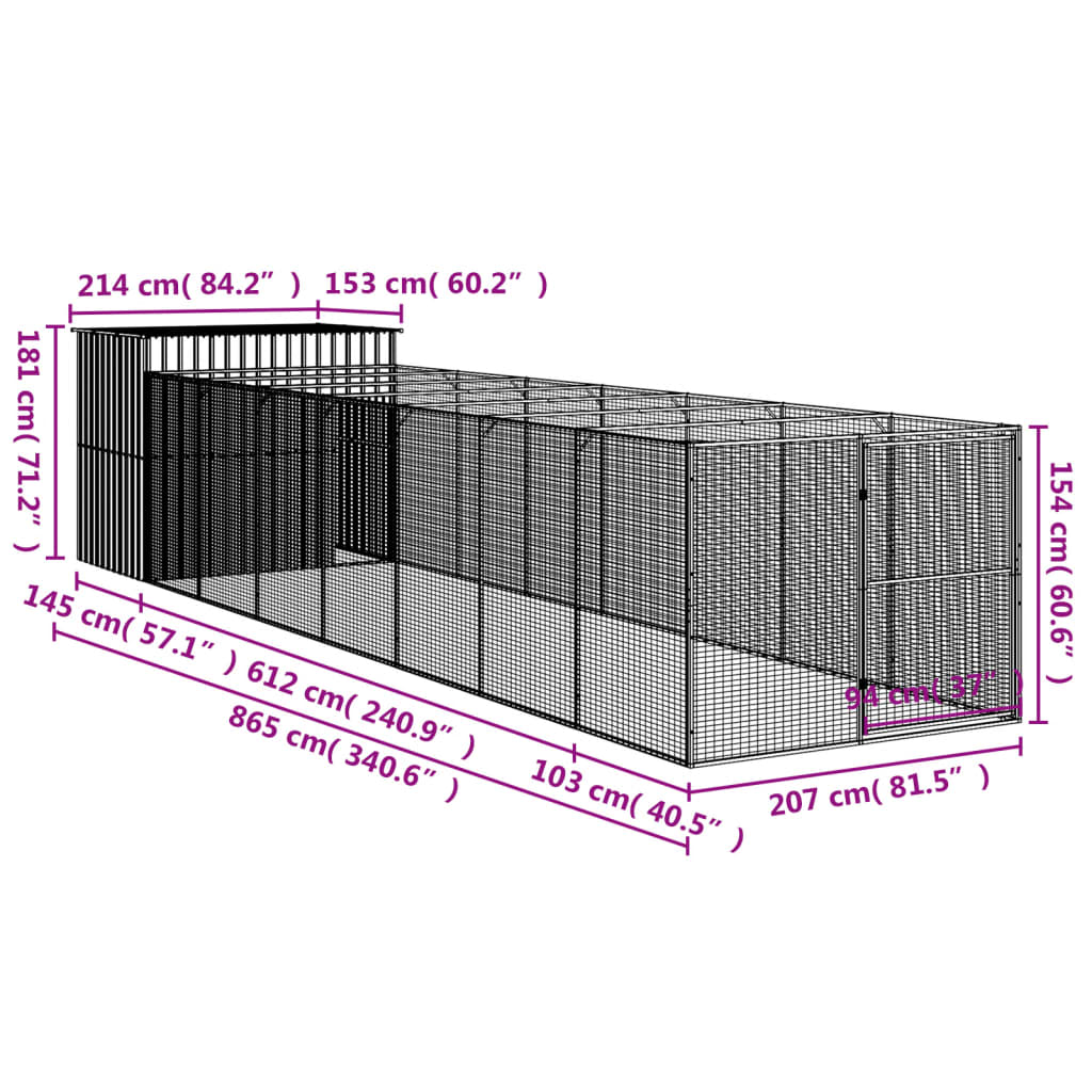 Dog House with Run Light Grey 214x865x181 cm Galvanised Steel