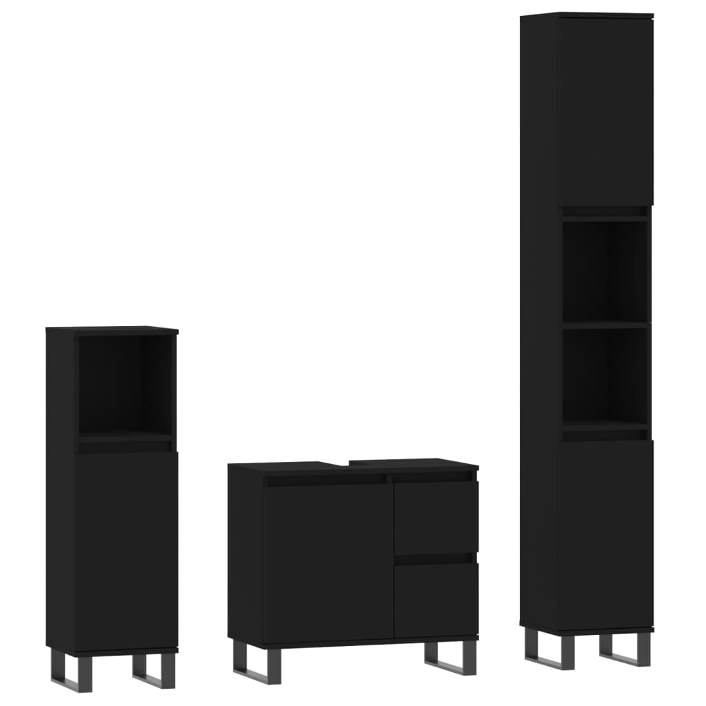 3 Piece Bathroom Furniture Set Black Engineered Wood