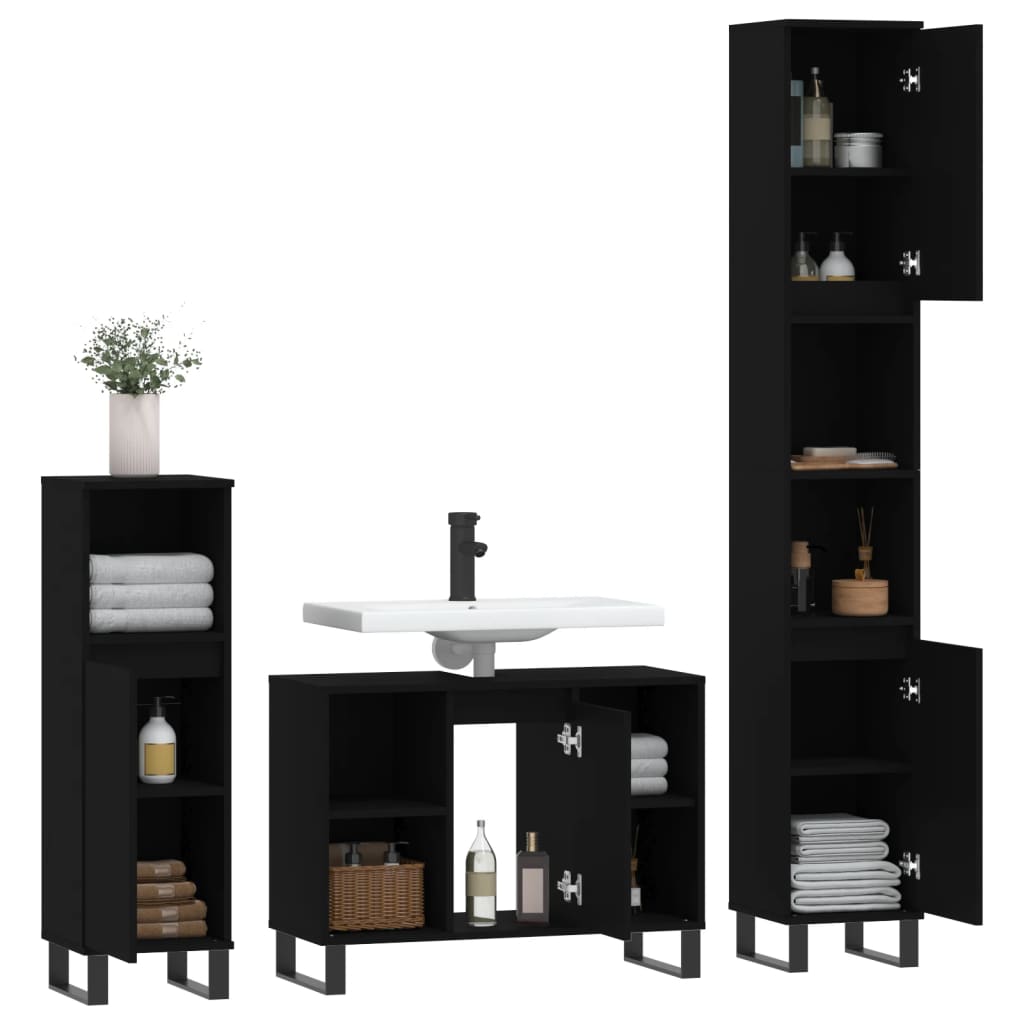3 Piece Bathroom Furniture Set Black Engineered Wood