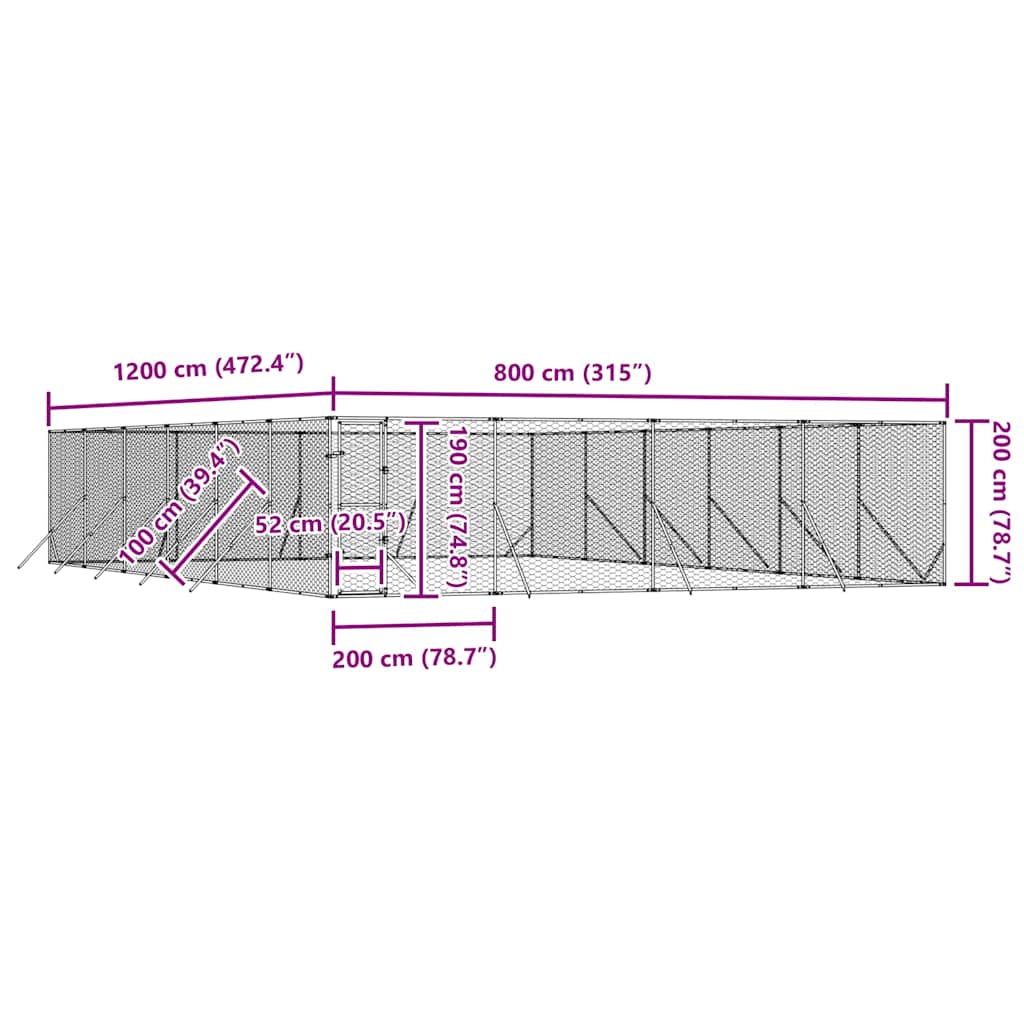 Outdoor Dog Kennel Silver 8x12x2 m Galvanised Steel