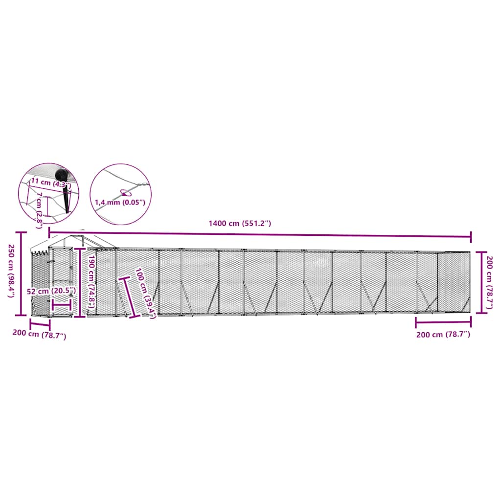Outdoor Dog Kennel with Roof Silver 14x2x2.5 m Galvanised Steel