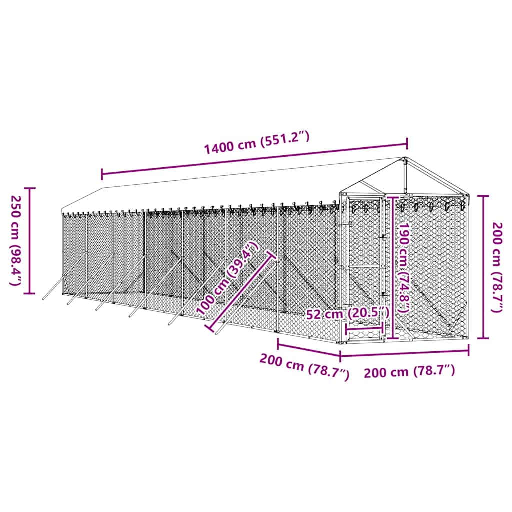 Outdoor Dog Kennel with Roof Silver 2x14x2.5 m Galvanised Steel