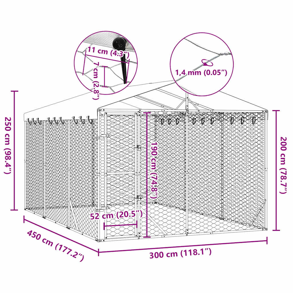 Outdoor Dog Kennel with Roof Silver 3x4.5x2.5 m Galvanised Steel